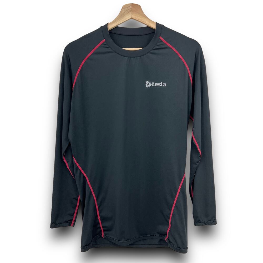 Tesla XL Black Red Long Sleeve Crew Neck Fitted Compression Shirt Activewear